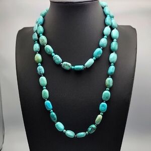 Genuine Turquoise 925 Sterling Silver Hematite Beaded Necklace 11x14mm Beads